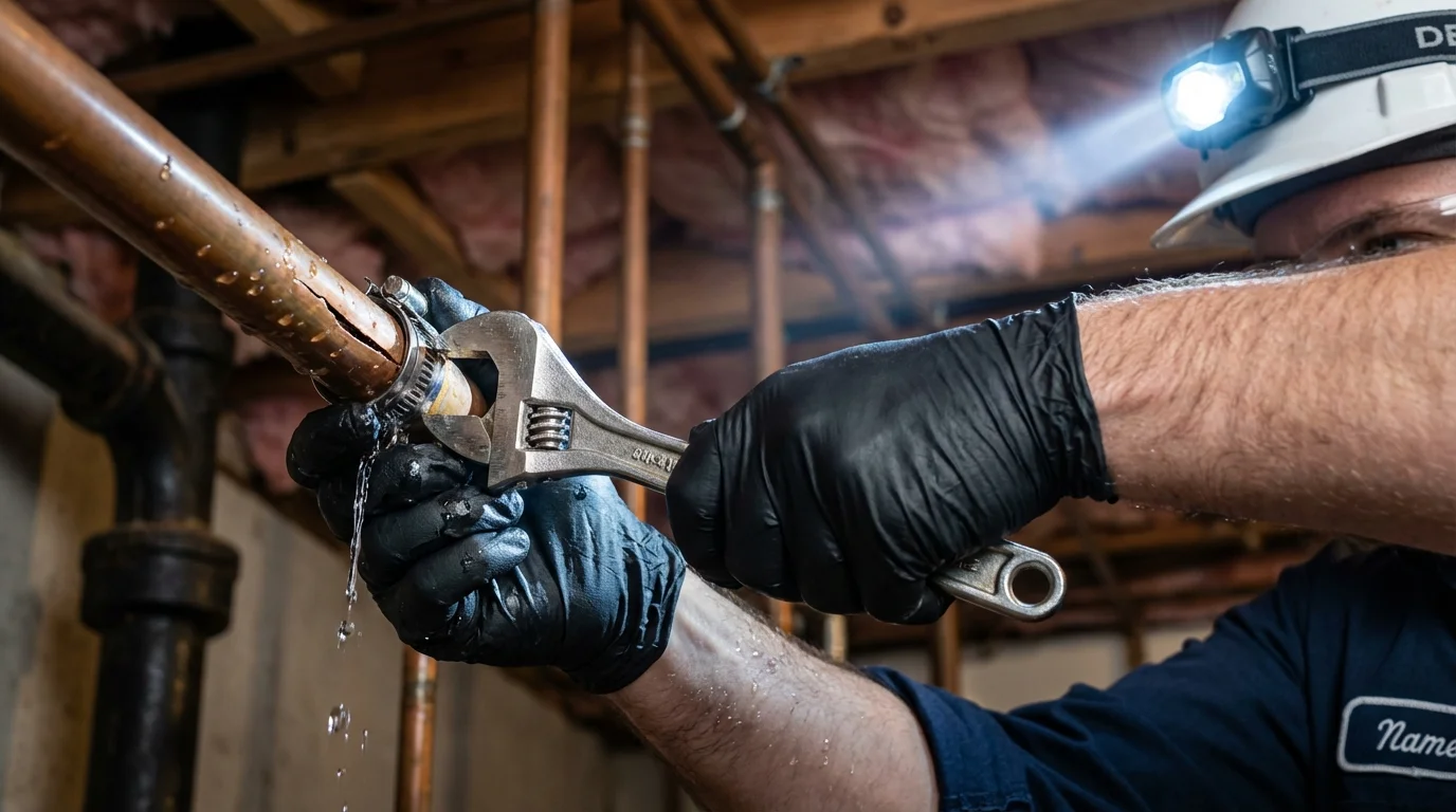 Emergency pipe clamp repair being performed by a Johns Plumbing LLC plumber in Negaunee