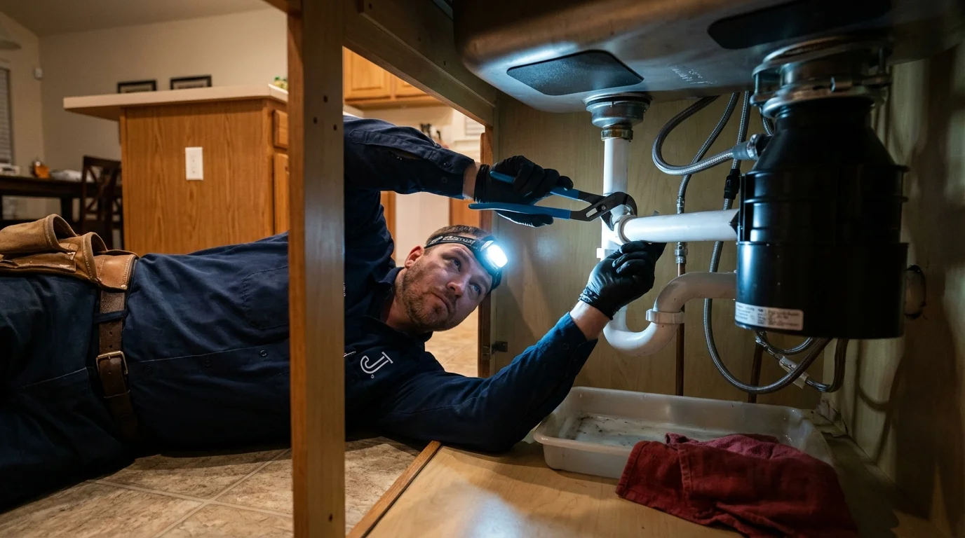 P-trap and supply line connections under a kitchen sink showing a common leak point in Negaunee, MI